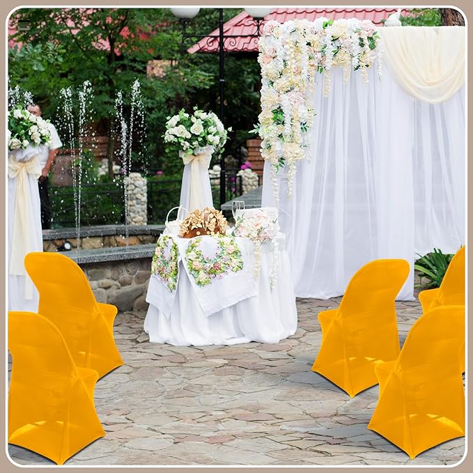 Newwiee 50 Pcs Spandex Chair Covers Bulk - Stretch Folding Flat Front Fitted Universal Chair Protector Pack Removable Washable for Wedding Party Dining Banquet Event (Gold)