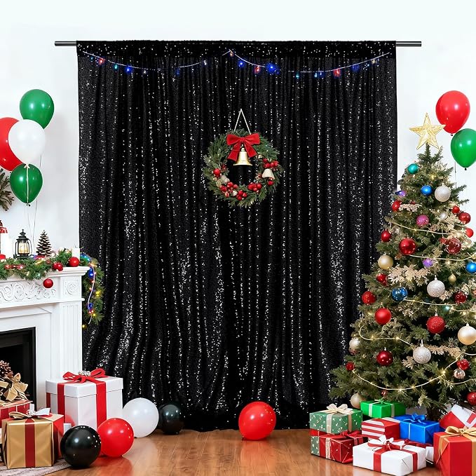 PartyDelight Black Sequin Backdrop 6x7ft 4 Inch Rod Pocket | Dense 3mm sequins on mesh backing with 4 inch rod pocket for full body photos ceremony arches party walls and stage displays