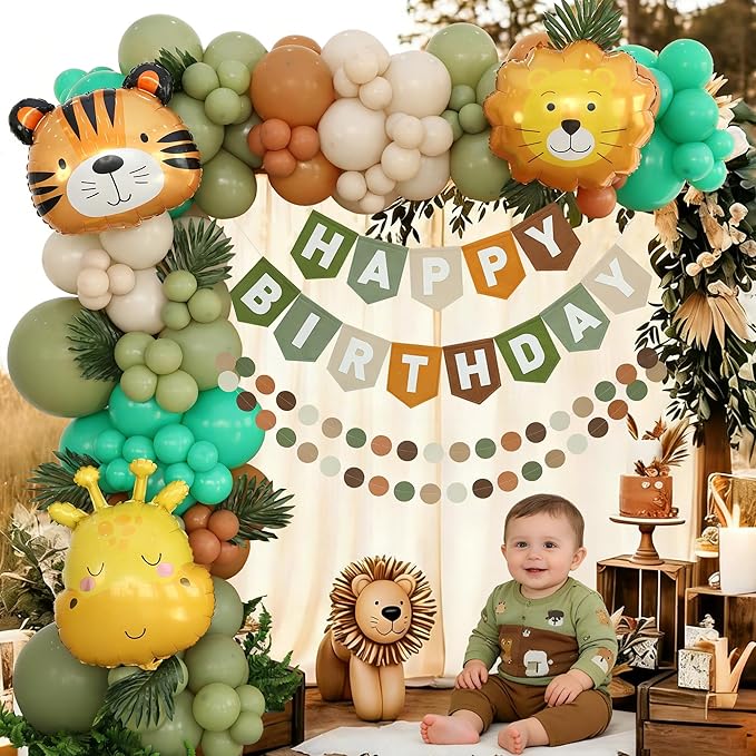 Safari Balloon Arch Kit Happy Birthday Banner Felt Brown Green Wild Animal Zoo Theme Sage Green Brown Jungle for Baby Boys Party Decorations