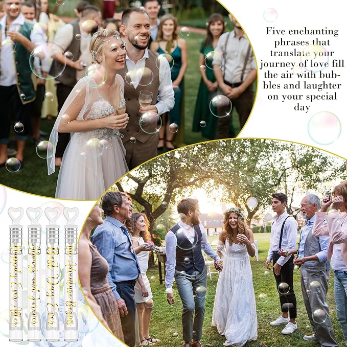 Hollowfly Wedding Mini Bubble Wands for a Wedding Bulk Heart Bubble for Guests Send Off Wand Adults Bridal Shower Party Supplies Valentine Anniversaries Celebration(60 Count,White Gold,Love Forever)