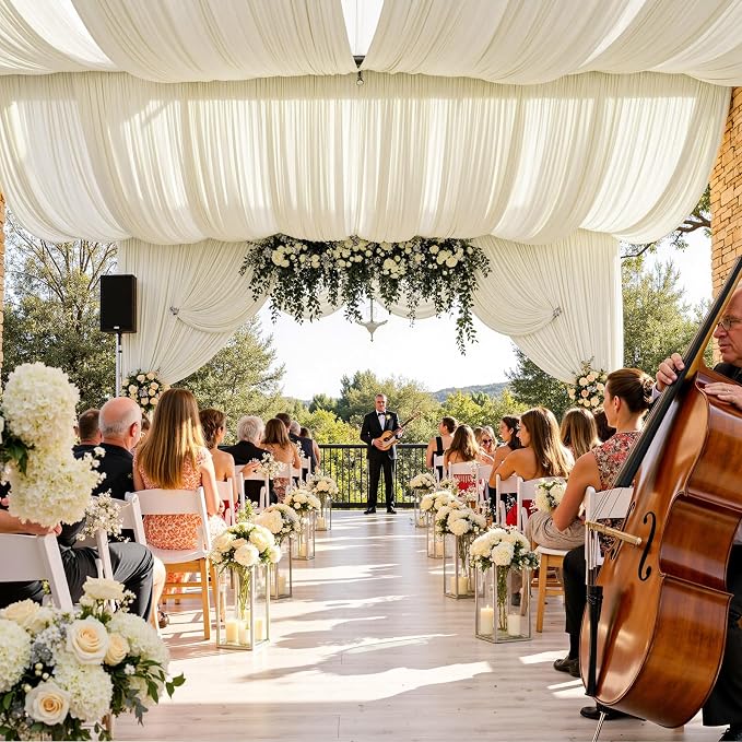 12 Panels 5x20ft Ivory Ceiling Drapes for Wedding Parties, Wrinkle Free Thick Polyester 20ft Extra Long Wedding Draping Ivory Ceiling Curtains Arch Drapery for Birthday Party Canopy Tent Decor