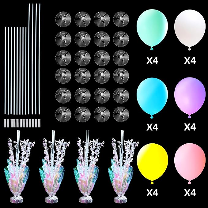 4 Set Pastel Birthday Decorations Rainbow Party Table Balloons Centerpiece Stand Kit with Pastel Multicolor Macaron Balloons for Girls Baby Shower Birthday Party Wedding Prom Unicorn Table Decorations