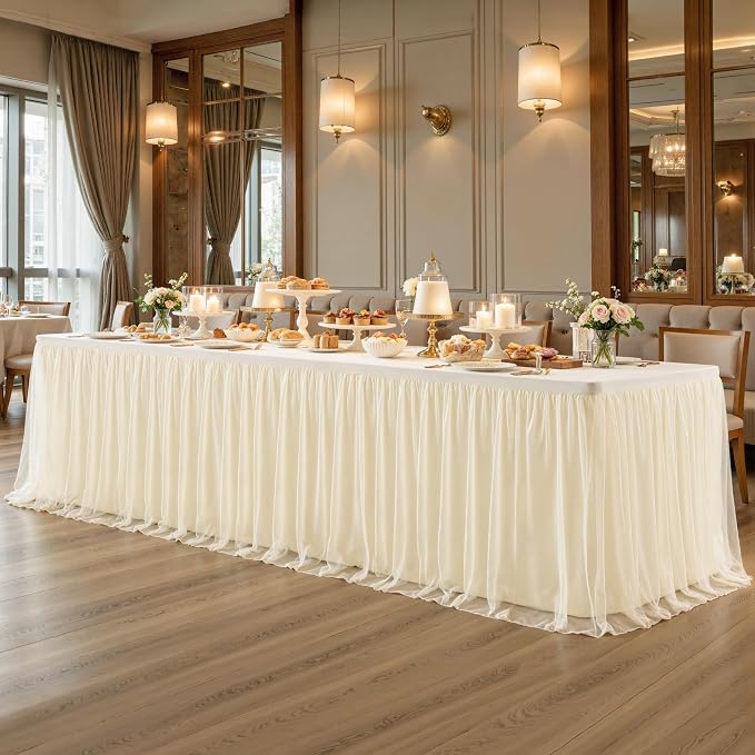 2-in-1 Champagne Tulle Tablecloth with Skirt for 8 Foot Rectangle Tables, Party Ruffle Tutu Table Skirt Stretch Fitted Table Covers for Baby Shower Wedding Reception Bridal Shower Birthday Banquet