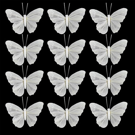 YCHTEWY- Feather Butterfly Decorations Set of 12 pcs White Craft Butterflies on Wire .Party Spring Home Decor Floral Pics…