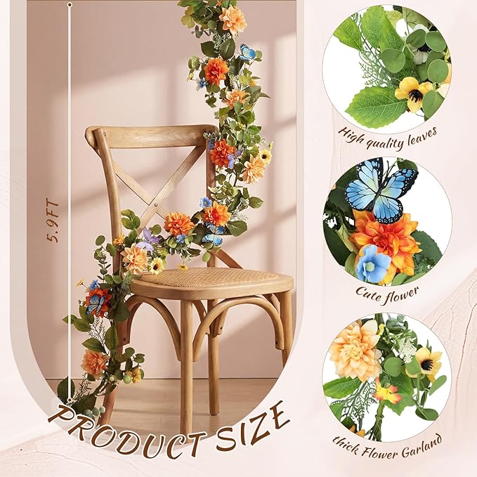 Giegxin 1 Pack 6 ft Artificial Flower Garland Flower with Dahlia and Daisy Yellow Fake Butterflies Wisteria Vines Summer Greenery Eucalyptus Garland for Wedding Mantle Porch Stair Table Indoor Decor