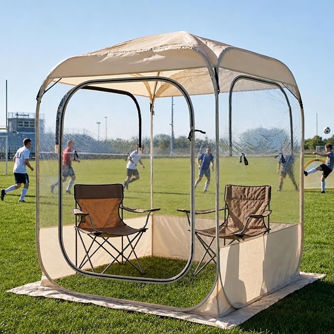DIAMONDFORGE Sports Tent Pop Up Shelter 4.2 x 4.2 FT, Portable Clear Tent with Removable Top Cover, Instant Setup Weather Pods 2 Person, Spacious BubbleTent for Outside, Beige