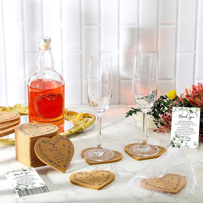 80 Sets Rustic Wedding Favor Coasters, Heart Cork Coasters for Guests, Mr & Mrs Coaster Favors with Thank You Cards & Organza Bags, Bridal Shower Party