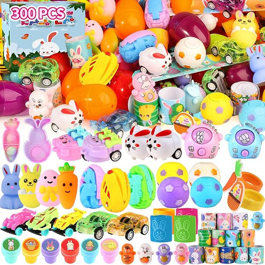300 PCS Bulk Prefilled Easter Eggs with Toys for Kids- Easter Basket Stuffers Fillers, Plastic Easter Eggs Party Favors Gifts for Toddlers Hunt Prizes Classroom Gifts