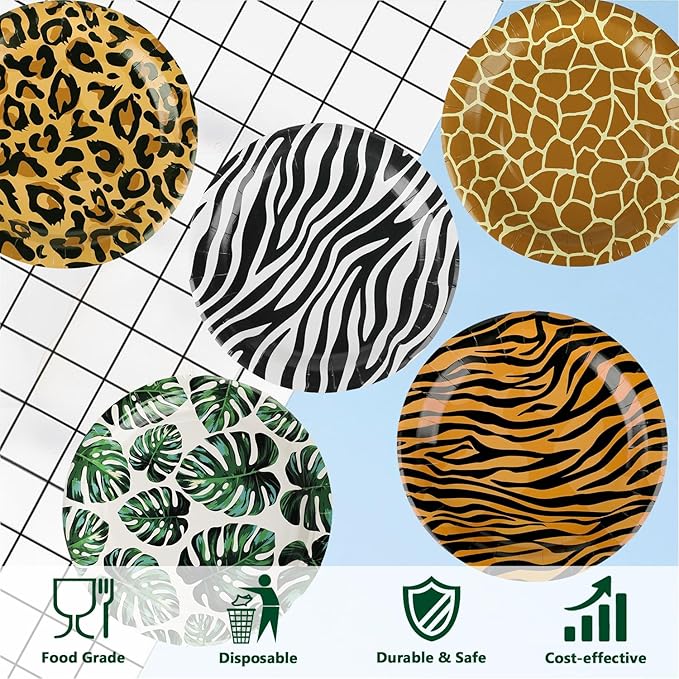 50 PCS Jungle Safari Party Tableware Supplies, Disposable Wild Animal 7 Inch Paper Plates, Zebra Giraffe Leopard Plates for Jungle Zoo Animal Themed Baby Shower Birthday Party Decor, Serves 50 Guests