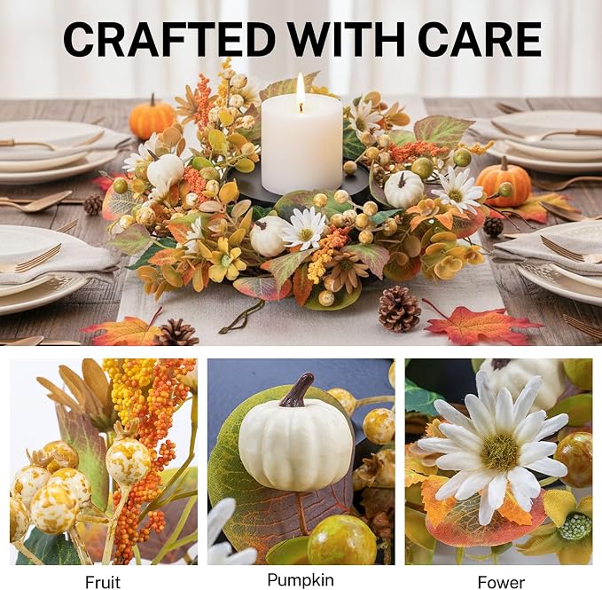 MOYEE Autumn Centerpieces for Tables Candle Ring, Black Metal Candlestick with an Artificial Wreaths 14 in Versatile Dining Table Centerpiece Decor (Pumpkin and Daisy Wreath)