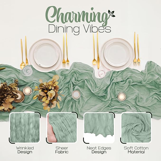 12 Pack Sage Green Cheesecloth Table Runners 10FT Long – 35 x 120 Inch Boho Gauze Table Runners for Engagement, Wedding, Baby Shower & Home Decor – Soft Wrinkled Polyester Fabric