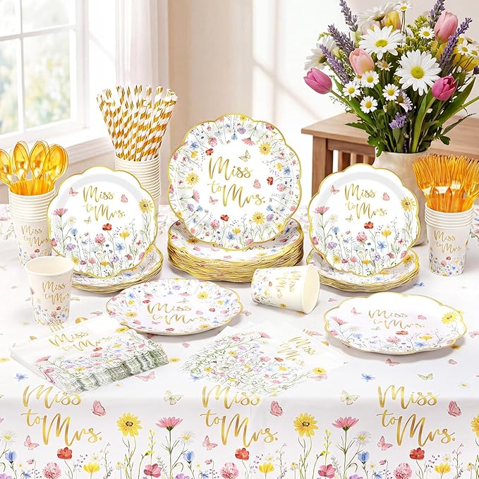 Funnymoom 452 Pcs Wildflower Bridal Shower Party Decorations for 50, Miss to Mrs Bridal Shower Paper Plates Napkins Cups Tablecloth Cutlery Straws for Love in Bloom Wedding Bachelorette Party Supplies