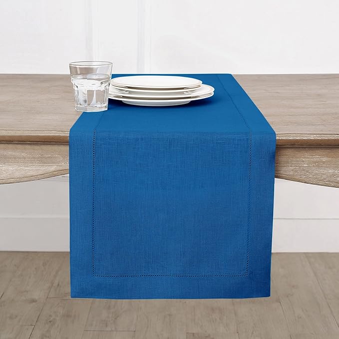 Solino Home Linen Indigo Blue Table Runner 144 Inches Long - 100% Pure Linen Extra Long Table Runner 14 x 144 Inch for Spring, Summer, Mothers Day - Classic Hemstitch