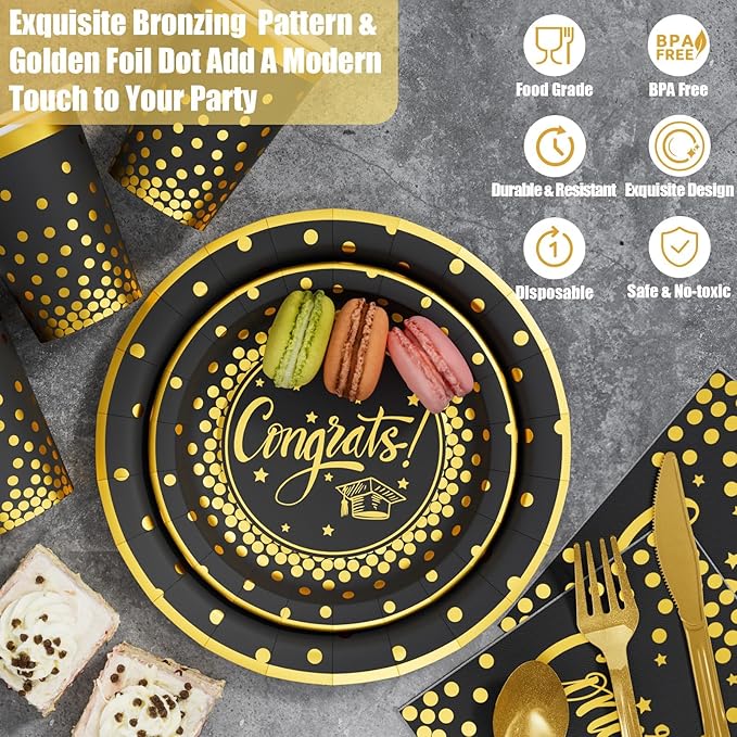 Ecomore 2026 Graduation Party Decoration - 350 PCS Black Gold Grad Supplies Disposable Dinnerware (Severs 50) w/ Congrats Paper Plates Napkin Cup Plastic Cutlery for College High School Class of 2026