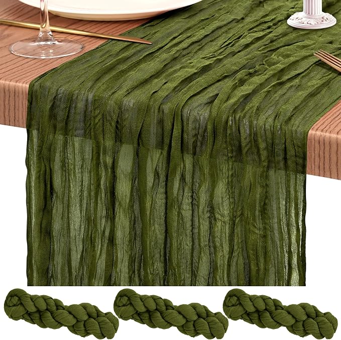 3 Pack Cheesecloth Table Runner 10FT Olive Green Table Runner Boho Gauze Cheese Cloth Table Runners Long Rustic Sheer Table Decorations for Wedding Party Baby Bridal Shower Birthday Holiday Home