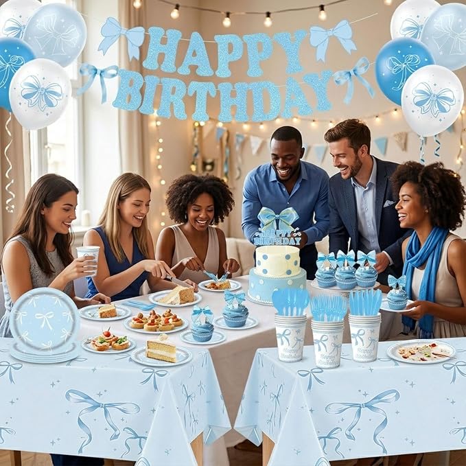 186pcs Blue Birthday Party Supplies – Bow Knot Theme Disposable Tableware Kit with Happy Birthday Banner, Balloons, Plates, Cups, Utensils & Napkins for Girls Boys Party Decorations, Serve 20
