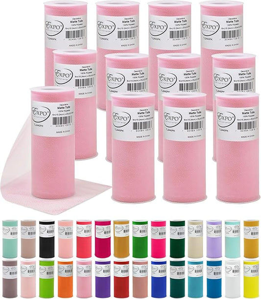 Expo International Decorative Matte Tulle, Lightweight Polyester Tulle Fabric for Tutus, Costumes, and Party Decorations, Washable, Easy-to-Use, 6 Inch x 25 Yards, Pink, Pack of 12
