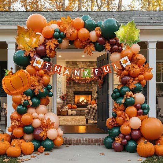 Thanksgiving Party Decorations & with Fall Color Ruby red Burnt orange Yellow Sage Green Balloon Garland Kit & Maple leaf Pumpkin Foil balloons & Banner for Autumn Birthday harvest festival Decor