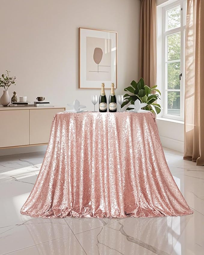 PartyDelight 108" Round Rose Gold Sequin Tablecloth High-Density 3mm Stitched Sequins Floor Length for 48-inch Round Tables Luxury Wedding & Banquet Decor