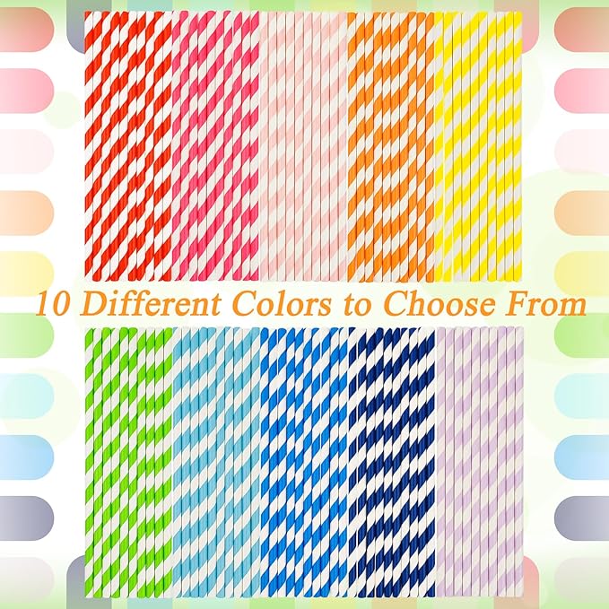 100 Pcs Biodegradable Paper Straws, Assorted Rainbow Colors Striped, 10 Colors for Drinks, Parties, Crafts