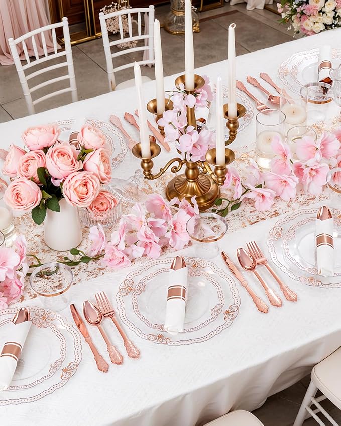 Ciaell 350 PCS Rose Gold Plastic Plates - Rose Gold Disposable Plates Dinnerware Include 50 Disposable Plate, 50 Heavy Duty Silverware, 50 Cups, 50 Napkins for Wedding & Anniversary & Mother's Day