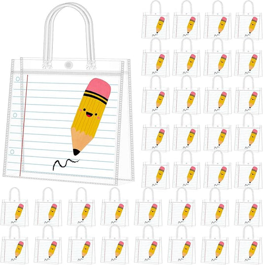 Supervitae 24 Pcs Teacher's Day Gift Bags Teacher Appreciation Clear Gift Bags Pencil Notebook Line PVC Tote with Handles for School Graduation End of Year Retirement, 8 x 8 x 3.15 Inch