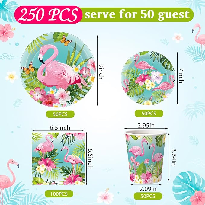 Pickmesh 250 Pcs Summer Flamingo Disposable Tableware Set Hawaiian Luau Party Supplies Tropical Paper Plates Napkins and Cups for Summer Beach Aloha Baby Shower Birthday Pool Party, Serve 50 Guest