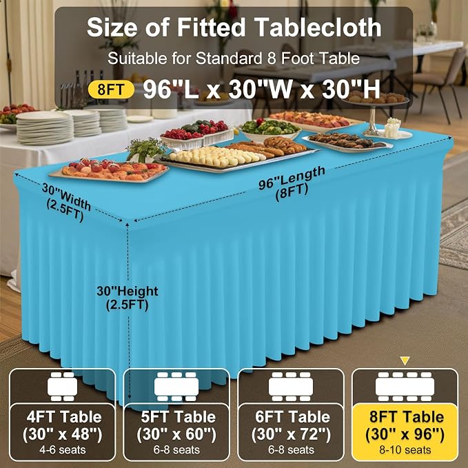 Smiry Spandex Tablecloth, Elastic Fitted Stretch Tablecloth for 8FT Rectangle Tables, Waterproof Washable Table Cover Skirt for Outdoor, Wedding, Banquet & Parties (Blue Mist, 96Lx30Wx30H Inch)