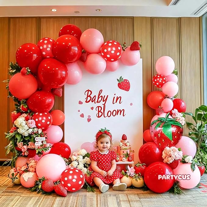 Strawberry Balloon Arch Kit Double Stuffed, Pastel Red Baby Pink Coral Balloon Garland with 18in Strawberry Foil for Berry First Birthday Baby Shower Sweet Mothers Day Wedding Party