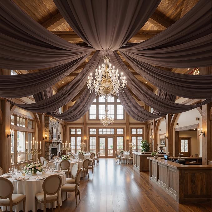 10 Panels 5x20ft Brown Ceiling Drapes for Wedding Parties, Wrinkle Free Thick Polyester 20ft Extra Long Wedding Draping Brown Ceiling Curtains Arch Drapery for Birthday Party Canopy Tent Decor