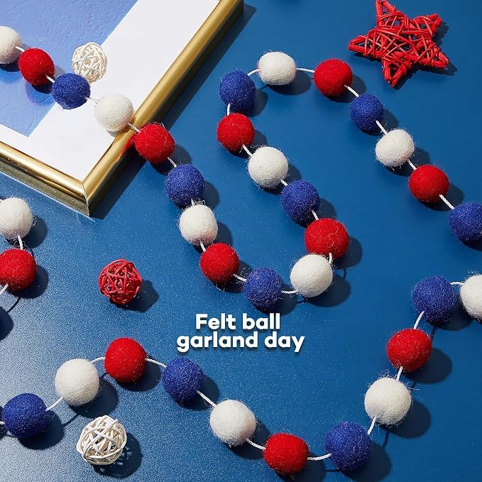 WILLBOND 2 Pieces Wool Felt Rainbow Ball Garland Colorful Pom Pom 6.5 ft Long 24 Ball Garland for Easter Mardi Gras Classroom Halloween Thanksgiving Xmas (Red,White,Blue)