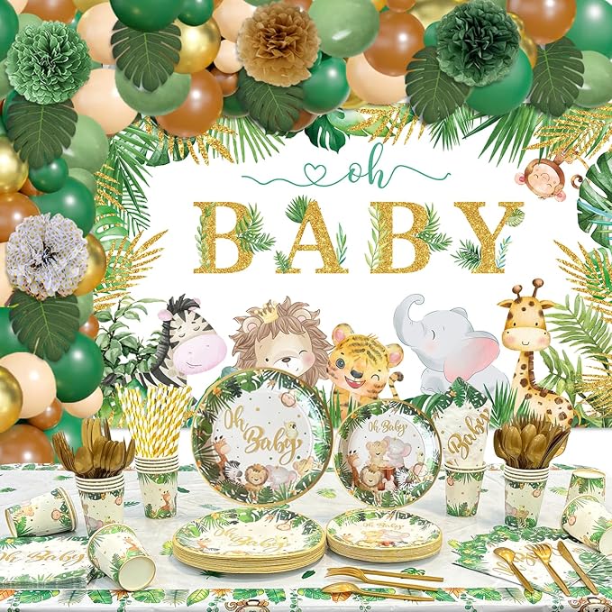 Safari Jungle Baby Shower Decorations for Boy Girl ,258 PCS Jungle Safari Animal Party Decorations Supplies (20 Guest) with Paper Plates Cups Napkins Tablecloth Backdrop Balloons Arch Kit