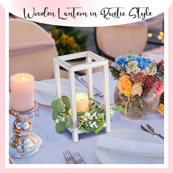 Geelin 10 Pcs Wooden Wedding Lantern Centerpiece Candle Lantern Table Wooden Candle Holder Decorative for Wedding Party Table Valentine Decor (10.59 in,Antique White)