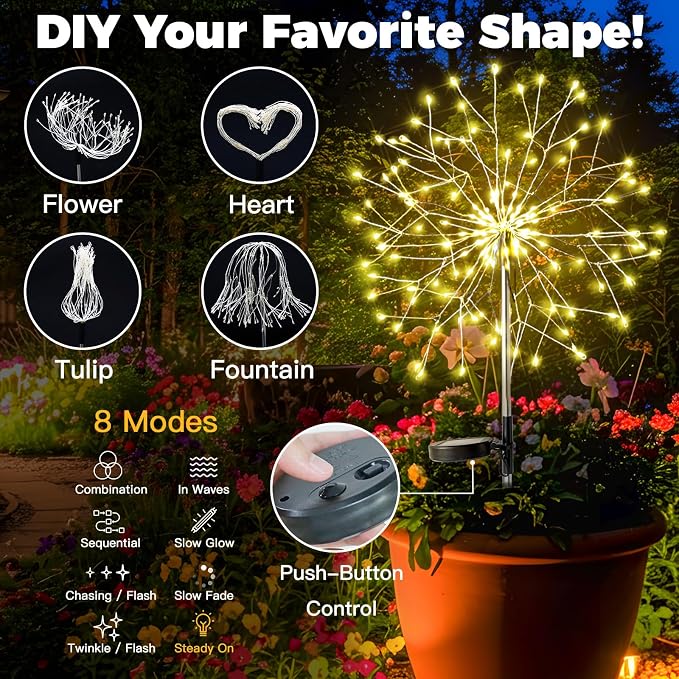 suddus Solar Garden Lights Outdoor Waterproof Decorative, Upgrade 2Pack 150LED Firework Lights, Solar Fairy Lights for Yard, Garden, Party, Patio, Pathway, Flowerbed - Warm White