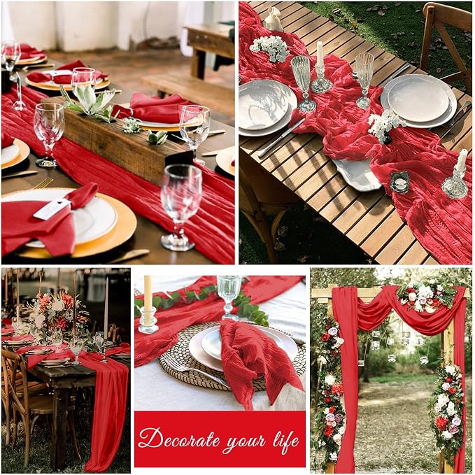 20 Pack Cheesecloth Table Runner 17 x 108 inch Long Boho Gauze Table Runners Semi Sheer Table Runner for Wedding Decor, Baby Shower, Birthday Party, Banquet (Red)
