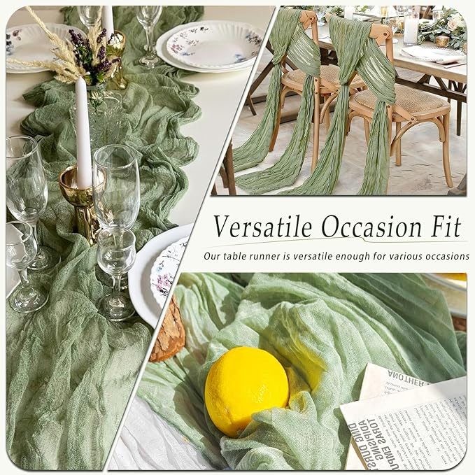 10 Pack Sage Green Cheesecloth Table Runner 17x108 Inch Semi Sheer Boho Rustic Gauze Cheese Cloth Table Runners for Wedding Party Birthday Baby Shower Home Décor