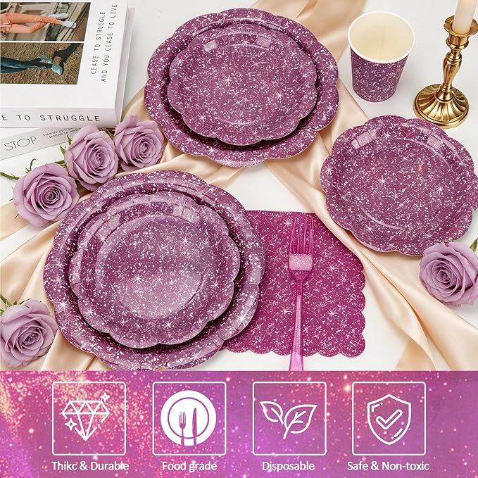 Purple Iridescent Plates and Napkins Set, Scalloped Disposable Holographic Plates Cups Napkins Forks Tablecloth Party Supplies for Birthday Baby Shower Bridal Shower Decorations, Serves 24 Guests