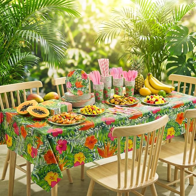 Vesici 452 Pcs Tropical Luau Party Supplies Set for 50 Guests Include 9'' 7'' Paper Plates Napkins Tablecloths 9 oz Cups Forks Spoons Straws for Hawaiian Hibiscus Flower Summer Birthday Decoration