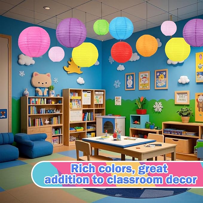 Colorful Paper Lanterns, 24Pcs Hanging Lanterns for Classroom & Party Decor | 6-12 Inch Assorted Rainbow Lantern Set for Birthdays, Summer Parties, Weddings, Baby Showers and Colorful Hanging Decor