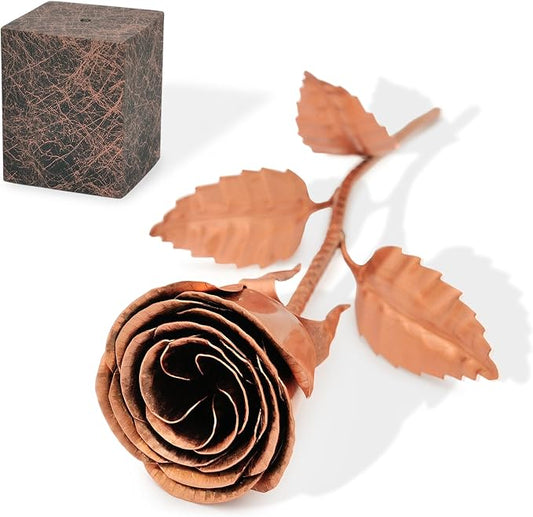Copper Rose Anniversary Keepsake – 7th & 22nd Wedding Anniversary – Solid Copper Flower on Metal Display Base – 12 Inch Handcrafted Rose