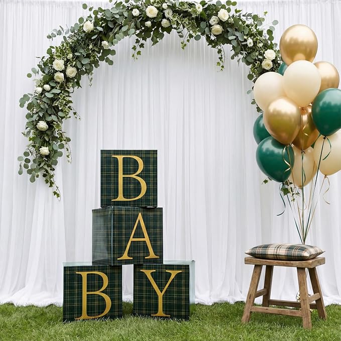 Vicenpal Blue Green Tartan Plaid Baby Shower Boxes with Letters for Baby Shower Decorations Bear Themed Gender Reveal Decoration Photo Prop & Forest Animal Nursery Decor Set of 4 Birthday Party Favors