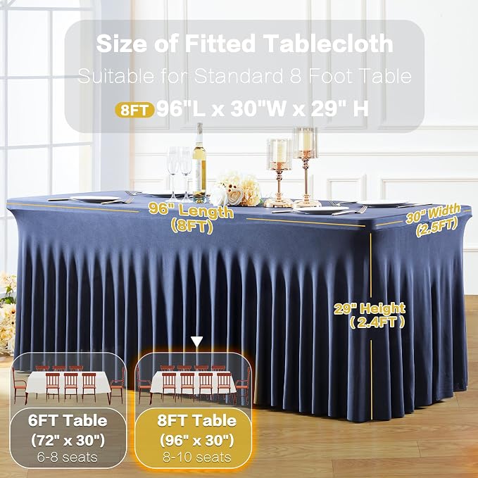 4 Pack Navy Blue Table Cloth for 8 Foot Rectangle Tables Spandex Fitted Tablecloth 8ft Stretch Table Covers Skirt Navy Blue Banquet Tablecloths Wrinkle Free Tablecloth for Party Wedding Birthday Event