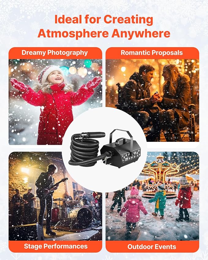 VEVOR Snow Machine, 1300W Super Silent Snow Maker, Portable Wireless Remote Control Snowmaking Machine, Outdoor & Indoor Snowflake Maker for Xmas Party Wedding Stages Mall Snowflake Effects Decor