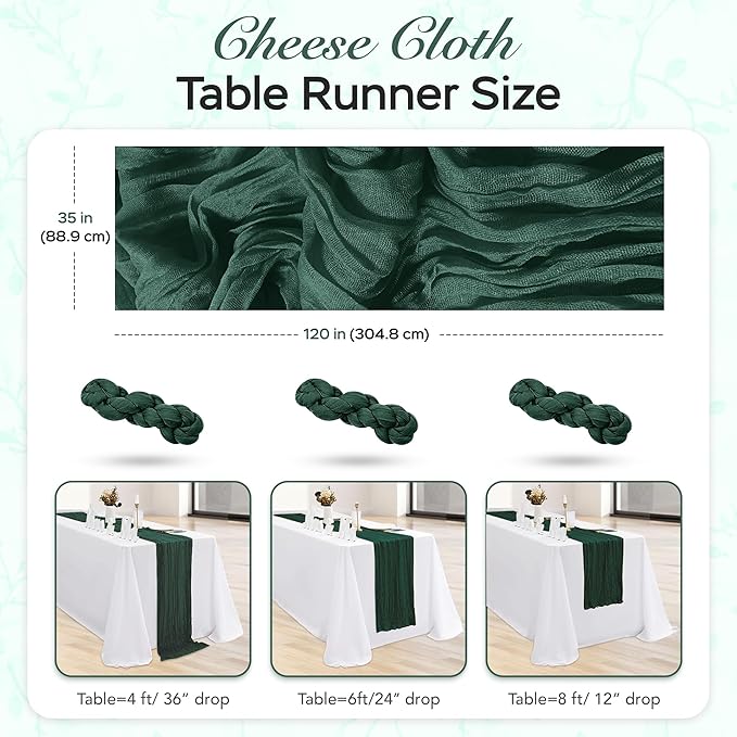 Cheesecloth Table Runner 3 Pack – 35x120 Inch (10ft) Boho Rustic Gauze Cloth Runners – Crinkle Polyester Table Decor for Wedding, Baby Shower, Bridal Shower, Birthday Party and More (Emerald Green)