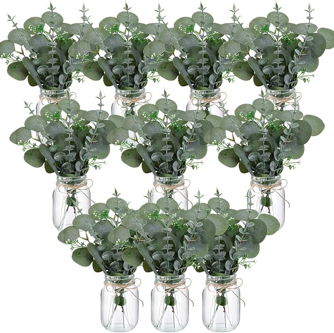 XunYee 10 Set Mason Jar Table Centerpiece with Flower Mason Jar Flower Centerpiece Vases Decor for Engagement Party Bridal Shower Wedding Reception Table Decor(Light Green,Eucalyptus)