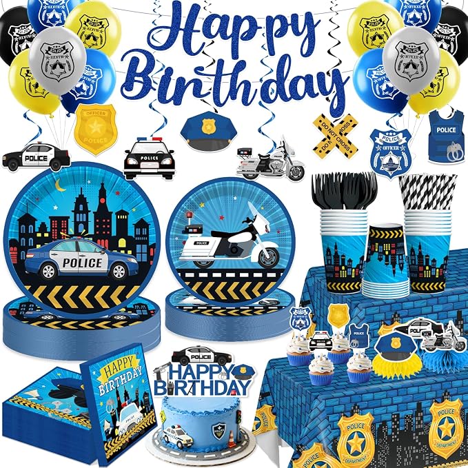339pcs Police Birthday Party Decorations Tableware Complete Set, Serves 50 Guests, Party Decorations Kit with Banner Plates, Napkins, Balloons, Tablecloths