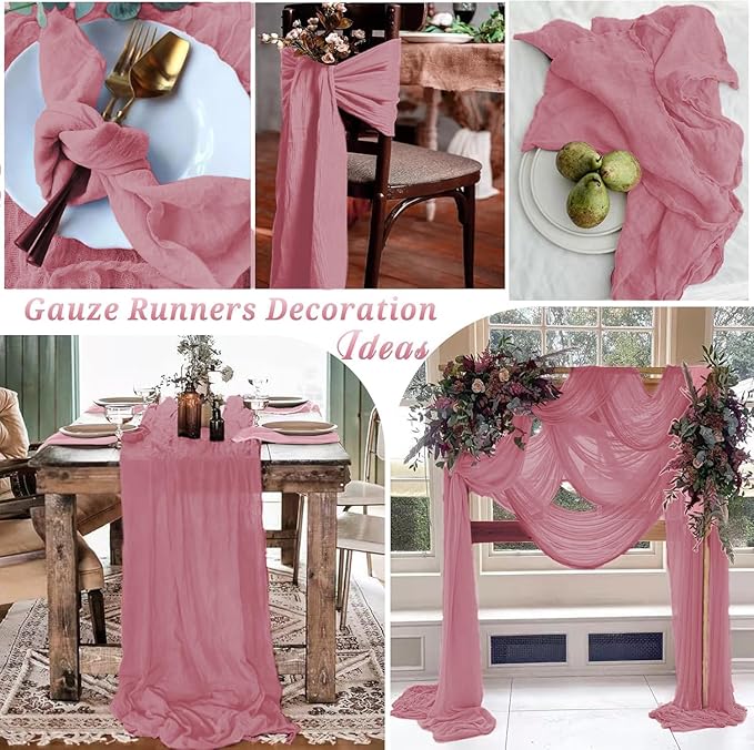 16 Pack Dusty Rose Cheesecloth Table Runner 10FT, Boho Gauze Cheese Cloth Table Runner Long Rustic Sheer Dusty Pink Table Runners for Wedding Bridal Baby Shower Birthday Party Table Decorations