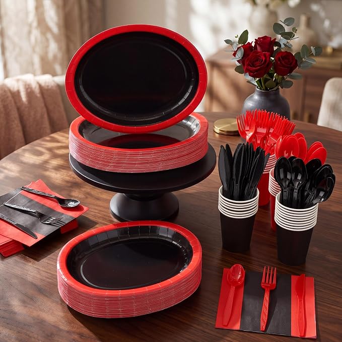 Pajean 350 Pcs Red and Black Party Decorations 12 in Disposable Oval Plates and Napkins Black and Red Heavy Duty Paper Tableware Set for 50 Guests Birthday Baby Shower Wedding Fiesta Party Supplies