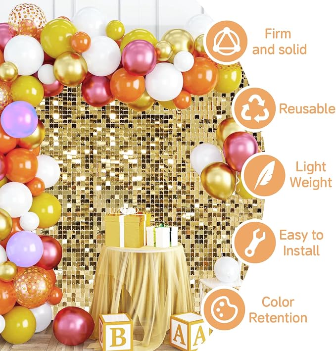 Light Gold Shimmer Wall Backdrop,Shiny Sequins,12Pcs Sequins Backdrop Panels, Glitter Bling Photo Background for Birthday Party Wedding Engagement Anniversary Graduation (Each 1FT², Total 12FT²)