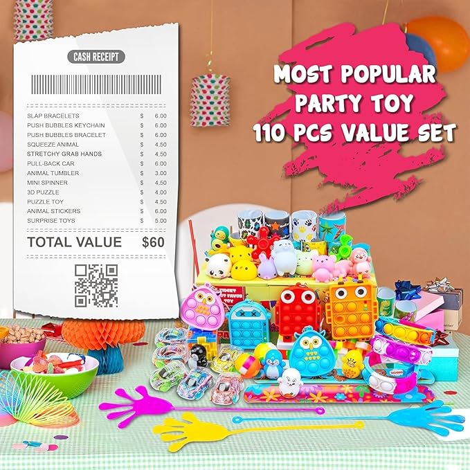 110 PCS Party Favors for Kids 4-8-12, Goodie Bags Stuffers, Treasure Box Toys for Classroom, Pinata Fillers, Prize Box Toys, Birthday Return Gifts, Treasure Chest Carnival Prizes